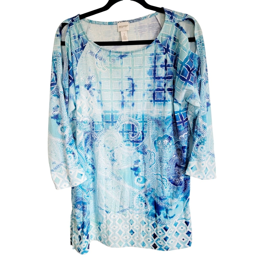 Chico's Zenergy 2 Blouse Top Cold Shoulder Mixed Blues Geometric Shirt Lg NWOT